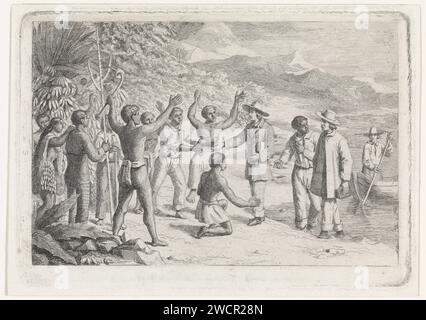 Missionari, David van der Kellen (1827-1895), 1837 - 1885 stampa Un gruppo di africani accoglie due missionari sulla spiaggia. A destra c'è un uomo su una barca a remi e le piante sono raffigurate nel gruppo africano, compreso un albero di banano. Sullo sfondo si possono vedere i contorni di colline e montagne. l'incisione della carta diffonde il vangelo; il lavoro missionario. Africani. canottaggio, canoa, ecc. Foto Stock