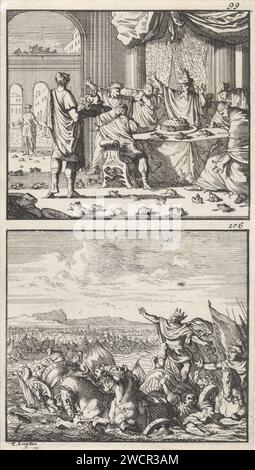 Prova delle rane / esercito del faraone annegano nel Mar Rosso, Caspar Luyken, 1698 stampa due esibizioni di un piatto. Numerato in alto a destra: 99 e 106. Carta di Amsterdam che incide sulla piaga delle rane: Aronne stende la mano sull'acqua dell'Egitto; le rane escono e coprono la terra. Con il suo popolo al sicuro sulla riva, Mosè alza le mani e fa tornare l'acqua; l'esercito del Faraone muore in acqua (Mar Rosso) Foto Stock