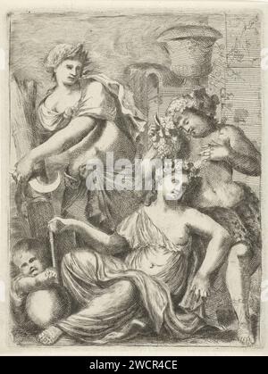 Cerere, Bacco a Venere, Pieter Van Der Plas (II), 1687 - 1708 stampa Venere e Amor, accompagnato da Cerere e Bacco. Immaginazione del detto "sine cerere et baccho friget venus" (senza pane e vino congela l'amore). Incisione/incisione su carta dei Paesi Bassi del Nord senza COPERTINA E CHIODI DI GAROFANO BACCHO VENUS Foto Stock