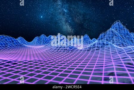 Spazio digitale con linee luminose e rendering 3D. Illustrazione 3D. Foto Stock