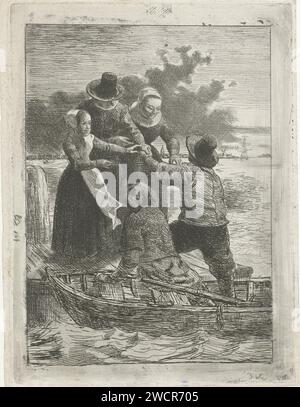 Shifting, Reinier Craeyvanger, 1822 - 1880 stampa Uno skipper aiuta una famiglia di padre, madre e figlia sulla barca a remi. Amsterdam paper etching famiglia gruppo, soprattutto i genitori con il loro bambino (Ren). canottaggio, canoa, ecc. seaman Foto Stock