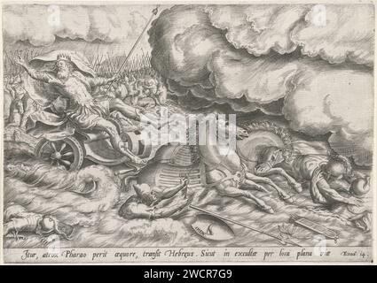 Distruzione dell'esercito egiziano nel Mar Rosso, Johannes Wierix, dopo Marten van Cleve (i), stampa del 1579 mentre l'esercito egiziano attraversa il Mar Rosso, Mosè fa rifluire l'acqua. Il Faraone e il resto dell'esercito sono allagati e annegati. La stampa ha una didascalia latina. Anversa incisione di carta Faraone e il suo esercito si inghiottono nel Mar Rosso (Israeliti non o a malapena visibili) Foto Stock