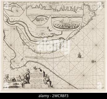 Tessera di tessera di una parte della costa di Kola in Russia, Jan Luyken, 1681 - 1799 tessera di tessera PAS stampata di una parte della costa di Kola in Russia, con cinque carte di scommessa di Swyatoi NOS, una parte della costa di Sápmi (Lapponia), la baia di Lumbovski, la foce del fiume Kola e l'isola Kitdin, con sei rose a bussola. In basso a sinistra un cartiglio con il titolo, l'indirizzo dell'editore e la scala, mostrati in tedesco, spagnolo e inglese o miglia francesi (scala: c. 1: 800,000). Il titolo è affiancato da una donna con un bambino e da due uomini con cappelli di pelliccia, arco e freccia. A sinistra del titolo, tre uomini e un Foto Stock