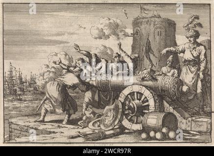 Durante il bombardamento francese di Algeri, il console francese viene caricato e ucciso dagli algerini in un cannone, 1683, Jan Luyken, 1698 tipografia: Amsterdampublisher: Leiden paper etching / letterpress Printing bombardment. armi da fuoco: cannon. Morte violenta da parte di armi da fuoco Algeri Foto Stock