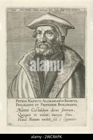 Portret van Petrus Nannius, Philips Galle (attribuito alla bottega di), 1604 - 1608 stampa Ritratto di Petrus Nannius, professore a Lovanio. Busto a sinistra. La stampa ha una parte superiore e una didascalia in latino e fa parte di una serie di famosi studiosi olandesi e fiamminghi. Incisione in carta Anversa Foto Stock