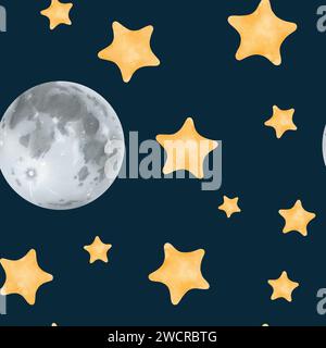 Acquerello motivo senza cuciture di un cielo stellato notturno. Sfondo scuro. Stelle gialle e una dettagliata luna grigia. Tema cosmico per bambini. Ideale per i bambini Foto Stock