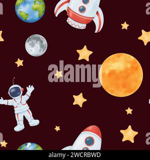 Acquerello motivo senza cuciture di un cielo stellato. Stelle gialle, pianeta Terra, un astronauta, razzo, luna, e sole. Cosmico per bambini. per sfondi Foto Stock