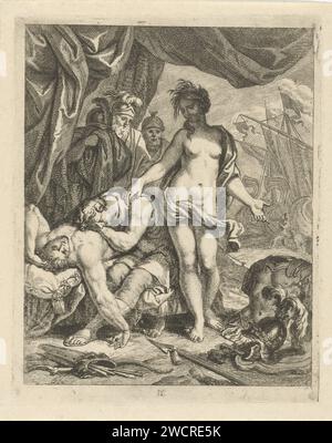 Achille piange la morte di PatroUlus, J. Alexander Janssens, dopo Victor Honoré Janssens, c. 1700 stampa Achille pendente, lutto, sul cadavere del suo amico Patrucus. Accanto a loro c'è Thetis, confortante, con la mano sulla spalla di Achille. In primo piano imbracatura e armatura di Achille. Lasciato sullo sfondo soldati in lutto. Al centro: 11. Undicesima stampa di una serie di quattordici con scene della vita di Achille. Incisione/incisione su carta nel sud dei Paesi Bassi Achille in lutto sul corpo di Patroclo. amore omosessuale Foto Stock