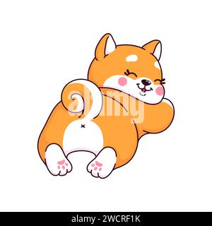 Cartoni animati kawaii Shiba Inu cane e personaggio cucciolo, simpatico animale domestico. Cucciolo di animali Kawaii, adorabile personaggio di Shiba Inu o simpatico cucciolo con un vettore isolato. Piccola e comica mascotte giocosa con cane giapponese Illustrazione Vettoriale
