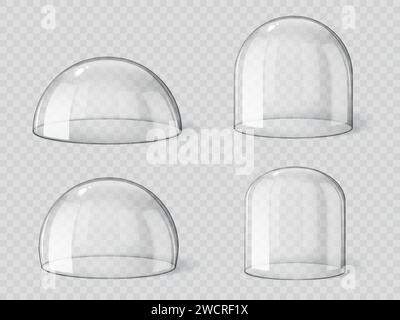 Cupola in vetro, sfera a campana lucida isolata o coperchio trasparente, 3D vettoriale realistico Cupola in vetro o display di protezione vuoto, emisfero in plastica o vetrina contenitore per esposizioni e globo sferico Illustrazione Vettoriale