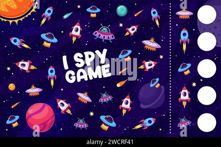 Foglio di lavoro del gioco i Spy con razzi spaziali, pianeti, UFO e alieni, quiz vettoriale per bambini. Puzzle per trovare e abbinare lo stesso cartone animato alieno UFO e astronave, astronave e astronave spaziale nello spazio della galassia Illustrazione Vettoriale