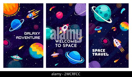 Striscioni spaziali con paesaggi galattici, razzi volanti, pianeti, stelle, asteroidi e disco ufo. Sfondo vettoriale con motori cosmici nell'Universo. Viaggi interstellari, colonizzazione, esplorazione del cosmo Illustrazione Vettoriale