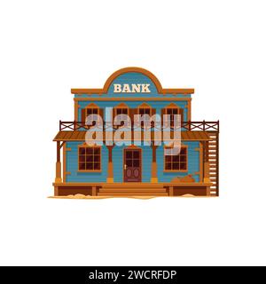 WESTERN Wild West Town cartoon building of Bank. Vector Country Street, una vecchia città americana con una casa in legno a due piani. Edificio per uffici della banca del Wild West con sacchetti di denaro, veranda in legno e colonne Illustrazione Vettoriale