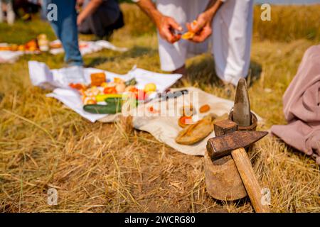 Pietra affilatrice, martello e utensile in ferro per affilare o riparare la lama della falce posta accanto al ceppo dell'albero. Foto Stock