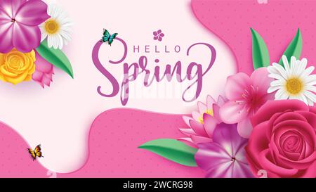 Design vettoriale del messaggio di testo primavera. Saluti di primavera con bellissimi fiori fioriti per uno sfondo stagionale. Molla illustrazione vettoriale Illustrazione Vettoriale
