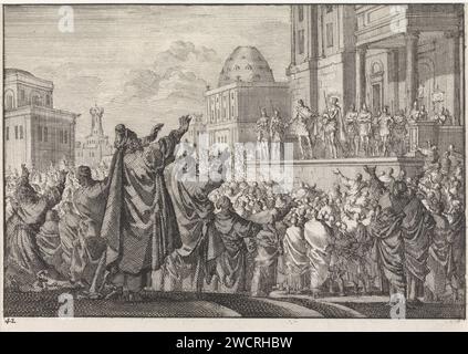 Christ shown to the People (Ecce Homo), Jan Luyken, 1703 Print Maker: Haarlem Editore: Amsterdam paper etching Pilate showing Christ to the People, 'display Christ', 'Here man' (Giovanni 19: 4-6) Foto Stock