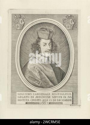 Portret Van Kardinaal Giacomo Rospigliosi, Giulio Cesare Bianchi, 1771 - 1781 stampa in alto a sinistra e in alto a destra uno stemma. Incisione su carta di persone storiche in Italia. cardinale Foto Stock