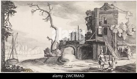 Due Valkeniers in una torre usata come locanda, Jan van de Velde (II), 1639 - 1641 stampare due falconeri in una torre, usato come locanda, in un paesaggio fluviale. Quinta stampa di una serie con 36 stampe di paesaggi, distribuite su sei parti. Carta dei Paesi Bassi del Nord. inchiostro inciso/penna/pennello fluviale. paesaggio con torre o castello. hotel, ostello, locanda. sport, giochi  animali (+ caccia con falco, falco; falconeria) Foto Stock