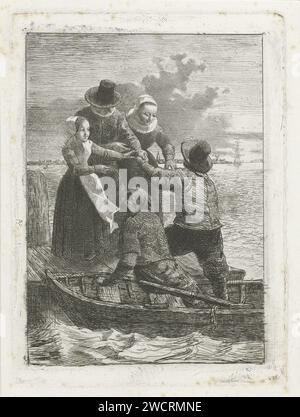 Shifting, Reinier Craeyvanger, 1822 - 1880 stampa Uno skipper aiuta una famiglia di padre, madre e figlia sulla barca a remi. Amsterdam paper etching famiglia gruppo, soprattutto i genitori con il loro bambino (Ren). canottaggio, canoa, ecc. seaman Foto Stock