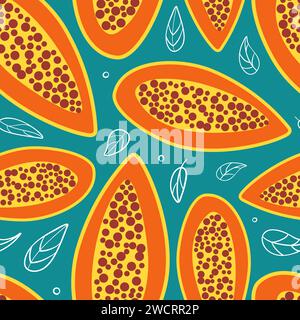 Modello estivo papaya senza cuciture in stile minimalista. Frutti esotici tropicali, foglie. Cibo sano. Per menu, caffè, carta da parati, tessuto, involucro Illustrazione Vettoriale