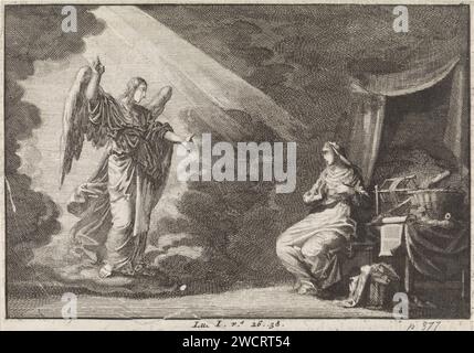 Annunciation, Jan Luyken, 1703 - 1762 Print Maker: Haarlem Editore: Amsterdam paper etching / letterpress Printing The Annunciation: Mary, di solito leggendo, è visitata dall'angelo (a volte una donna sente la conversazione) Foto Stock