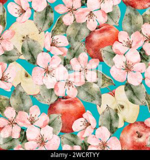 Modello senza cuciture con rami di mele e frutta in fiore. Sfondo ad acquerello floreale. Perfetto per modelli di design, carta da parati, involucro, tessuto Foto Stock