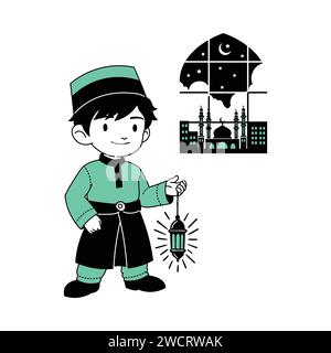 Line art vettore del tempo di preghiera nel ragazzo musulmano durante il Ramadan. Benedizioni del digiuno e della sua rottura dopo sera. Illustrazione vettoriale disegnata a mano Illustrazione Vettoriale