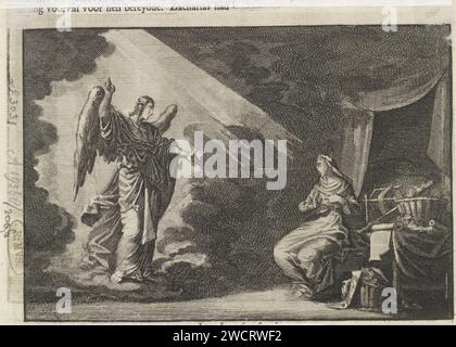 Annunciation, Jan Luyken, 1703 - 1762 Print Maker: Haarlem Editore: Amsterdam paper etching the Annunciation: Mary, di solito leggendo, è visitata dall'angelo (a volte una donna sente la conversazione) Foto Stock