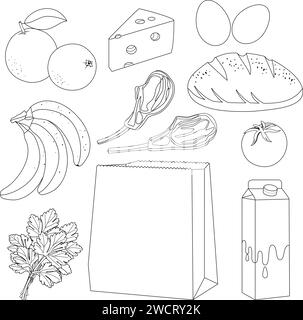 Borsa della spesa di carta e alimentari. Supermercato per la vendita di prodotti alimentari. Pagina vettoriale di colorazione in bianco e nero. Illustrazione Vettoriale