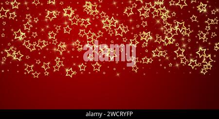 Stelle scintillanti sparse in modo casuale, volando, cadendo giù, fluttuando. Concetto di festa di Natale. Illustrazione vettoriale Festive Stars su sfondo rosso. Illustrazione Vettoriale
