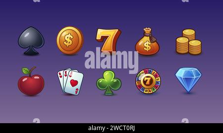 Set di icone del casinò, collezione di giochi simbolo, insegna slot. Vettore Illustrazione Vettoriale