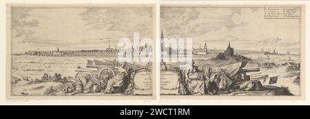 Vista di Breda da nord-ovest, Abraham Dircksz. Santvoort, stampa del 1645 Justitia e la personificazione dell'abbondanza sono su entrambi i lati di un cartiglio. Accanto e dietro di loro ci sono armi, parti di armature e attrezzi agricoli. In lontananza un volto sulla città di Breda con il Grote Kerk al centro. Carta olandese con vista sulla città e paesaggio con costruzioni artificiali. Giustizia, "Justitia"; "Giustitia divina" (Ripa)  una delle quattro virtù cardinali. Abbondanza; 'Abondanza', 'Abondanza maritima' (Ripa). armi. abbigliamento militare e altre attrezzature (uniformi, berretto, armatura, timone Foto Stock