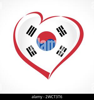 Icona creativa a forma di cuore con bandiera nazionale coreana. Logo o concetto di logo. Concetto sportivo, politico o turistico. Simbolo dell'agenzia di viaggi. Benvenuto in Corea Illustrazione Vettoriale
