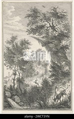 Paesaggio montuoso con cervi, Simon Fokke, 1722 - 1784 stampa paesaggio montuoso con cervi e due escursionisti che guardano la zona da un punto alto. In lontananza a sinistra una colonna commemorativa è circondata da tre figure. Montagne di carta di Amsterdam - HH - paesaggi ideali. animali a zoccolo: cervi Foto Stock