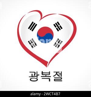 Emblema creativo con testo coreano - la giornata della Liberazione Nazionale della Corea, 15 agosto. Elemento di design per le festività. Concetto di cartolina. Post sui social network. Illustrazione Vettoriale