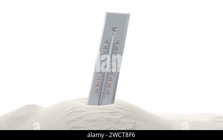 Termometro meteorologico in sabbia su sfondo bianco Foto Stock