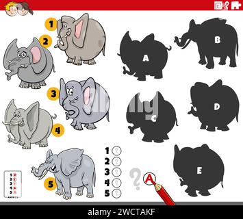Illustrazione di cartoni animati che mostra come trovare le ombre giuste per il gioco educativo con personaggi di elefanti animali Illustrazione Vettoriale
