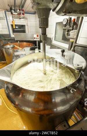 Un caseificio sorveglia il latte di coagulazione in un grande recipiente di acciaio inossidabile durante il processo di produzione del formaggio Foto Stock