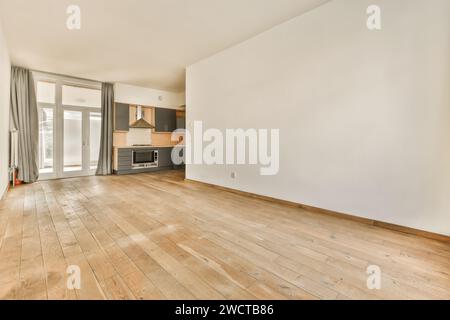 Pareti bianche e pavimento in legno duro in spazioso soggiorno non arredato in una casa moderna con cucina sullo sfondo Foto Stock