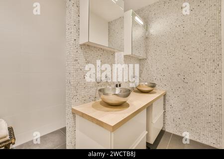 Specchio montato su una parete piastrellata su lavandini a ciotola in acciaio inossidabile con armadi di legno nel lussuoso bagno di un appartamento moderno Foto Stock