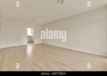 Una sala vuota con pavimento in legno massiccio e pareti bianche con molta luce naturale. Foto Stock