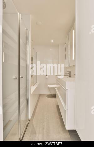 Un bagno contemporaneo con finiture eleganti, una doccia in vetro ed elementi di design minimalisti. Foto Stock