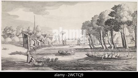 Due barche a remi su un fiume vicino a un villaggio, Jan van de Velde (II), 1639 - 1641 viaggiatori stampati sono trasportati in grandi barche a remi su un fiume. Si stanno avvicinando a un villaggio. A sinistra un'asta e un ponte al centro. 34a stampa di una serie con 36 stampe di paesaggi, distribuite su sei parti. Carta dei Paesi Bassi del Nord. incisione/pennello/penna a velo rivolti all'indietro, tirando. prospettiva della città, panorama della città, sagoma della città. ponte in città dall'altra parte del fiume, del canale, ecc. paesaggio con ponte, viadotto o acquedotto. river. angolatura. "in viaggio", viaggiatore in corso Foto Stock