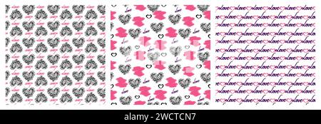 Set di motivi senza cuciture con scritta Love and Hearts Doodles per tessuti, album di ritagli. Adoro i cuori delle illustrazioni sfondo disegnato a mano per San Valentino Illustrazione Vettoriale