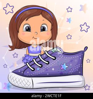 Una simpatica ragazza dei cartoni animati con una sneaker. Illustrazione vettoriale di una piccola donna su sfondo blu e arancione con stelle. Illustrazione Vettoriale