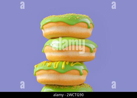 Pila di ciambelle glassate al cioccolato con spruzzi su sfondo viola Foto Stock