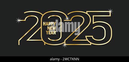 Biglietto d'auguri per felice anno nuovo 2025. Numeri dorati su sfondo nero. Illustrazione vettoriale. Illustrazione Vettoriale