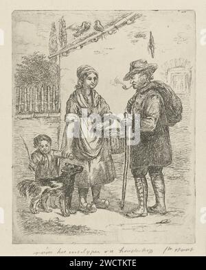 Boer e Boerin a Hoeve, David van der Kellen (1804-1879), 1814 - 1879 stampa davanti a una casa sono un uomo fumante di pipa con un bastone da passeggio e un cappello e un contadino con un bambino sulla mano. La moglie del contadino indossa un cesto. Accanto a loro un cane e sul tetto della casa ci sono due amorini. Aziende agricole che incidono la carta - AA - donna contadina, moglie di un agricoltore. cane. pipa  tabacco Foto Stock