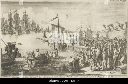 Partenza da Willem III per l'Inghilterra, 1688, Caspar Luyken, 1694 stampa il principe Guglielmo III parte con la flotta da Hellevoetsluis all'Inghilterra, 11 novembre 1688. Il principe viene portato sulla sua nave con una barca a remi. Contrassegnato in alto a destra: Seconda parte 234. Amsterdam paper etching Departure  Travelling Hellevoetsluis Foto Stock