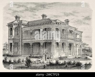 Vecchia casa coloniale vicino a Melbourne. Victoria, Australia. Sei mesi in Australia 1878 da Desire Charnay (1828 - 1915) incisione del vecchio XIX secolo da le Tour du Monde 1880 Foto Stock